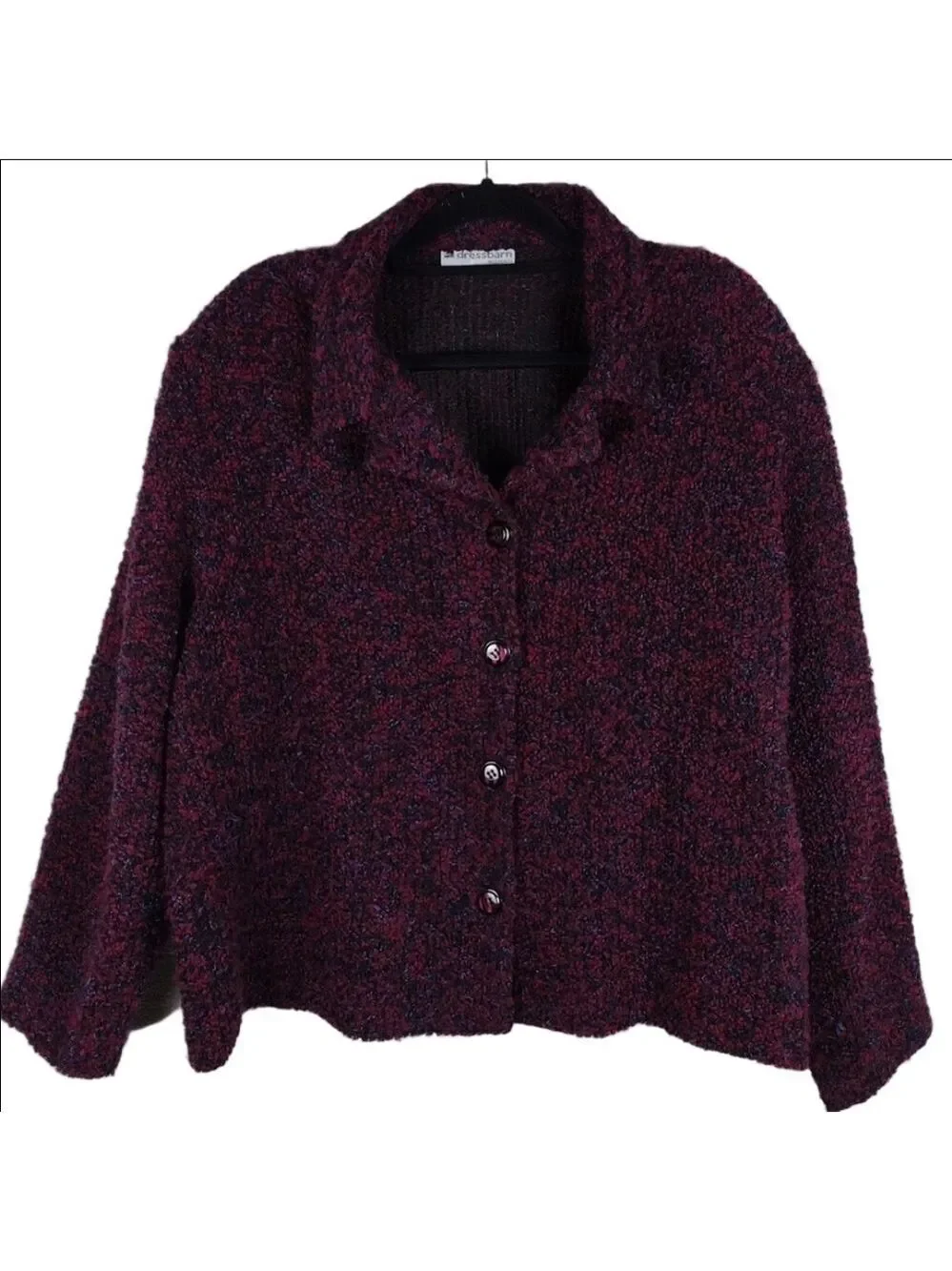 Dressbarn Woman Burgundy Knit  Collared Long Sleeve Button Up Cardigan Jacket